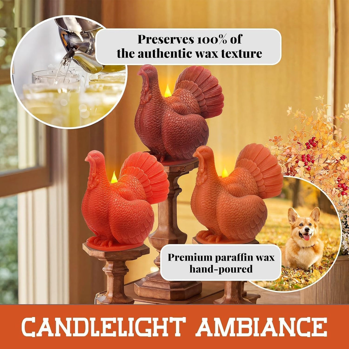 Set of 3 Turkey Flameless LED Candles Remote Thanksgiving Decor