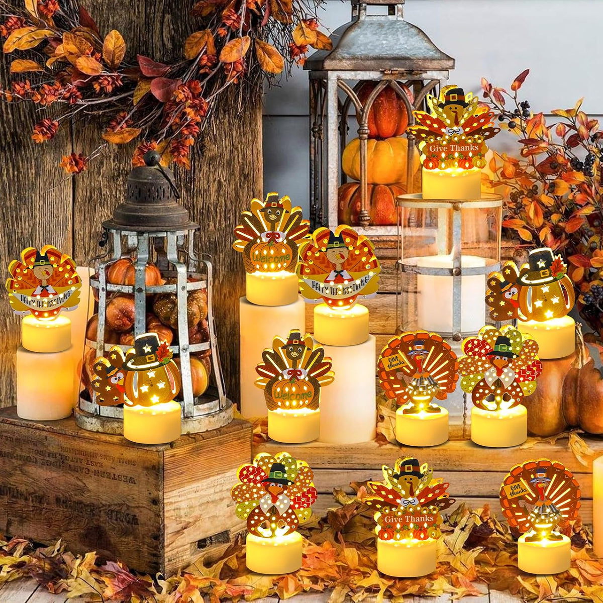 12 PCS Turkey Tea Lights Candles Battery Operated Thanksgiving LED Flameless Tealight Candles, Cute Thanksgiving Table Decorations Centerpieces for Home Kitchen Indoor Party Fall Decor