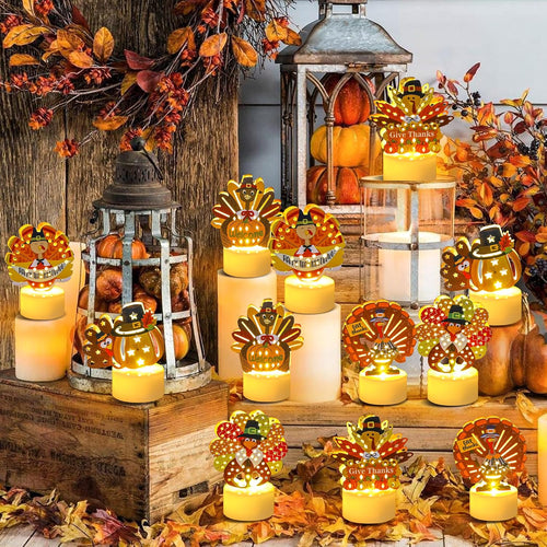 12 PCS Turkey Tea Lights Candles Battery Operated Thanksgiving LED Flameless Tealight Candles, Cute Thanksgiving Table Decorations Centerpieces for Home Kitchen Indoor Party Fall Decor