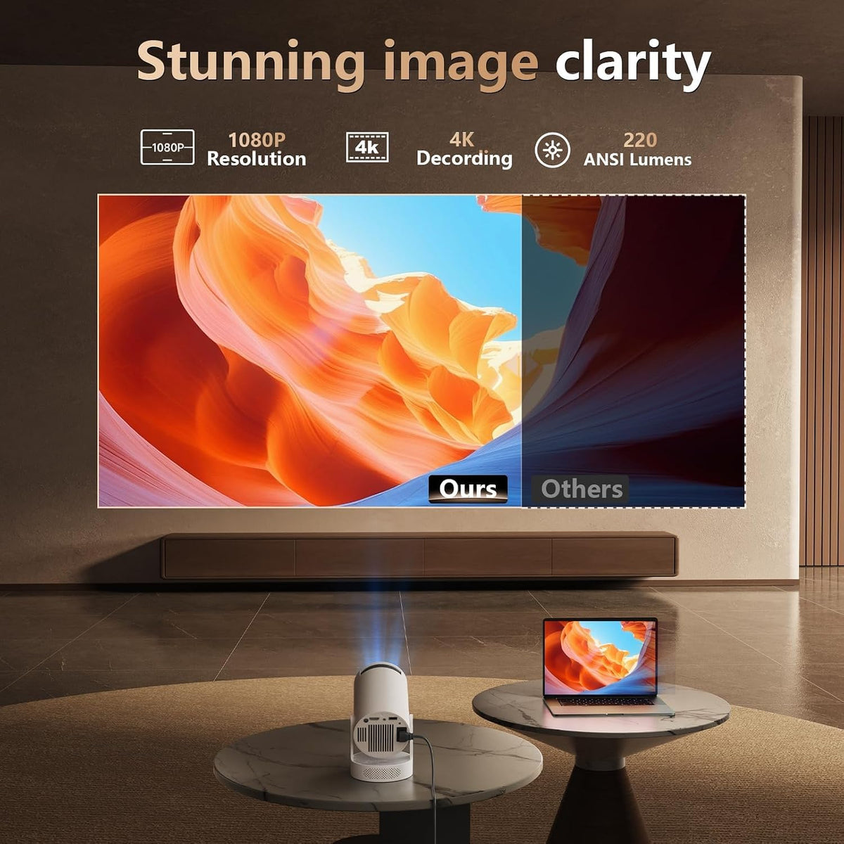 Smart Mini Projector with Wifi 6 and Bluetooth 5.0, Support 4K 1080P, Built-In Apps & 180° Rotation, Auto Vertical Keystone, Portable Movie Projector for Bedroom Home Outdoor, Ivory
