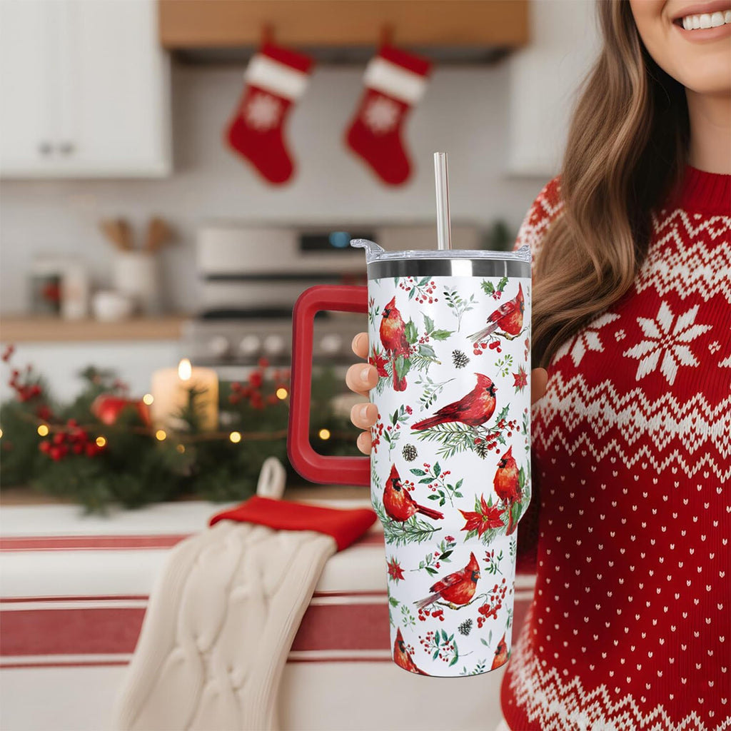 40 Oz Red Cardinal Tumbler with Handle,Christmas Coffee Travel Mug Cup, Red Cardinal Decor, Christmas Gifts for Women