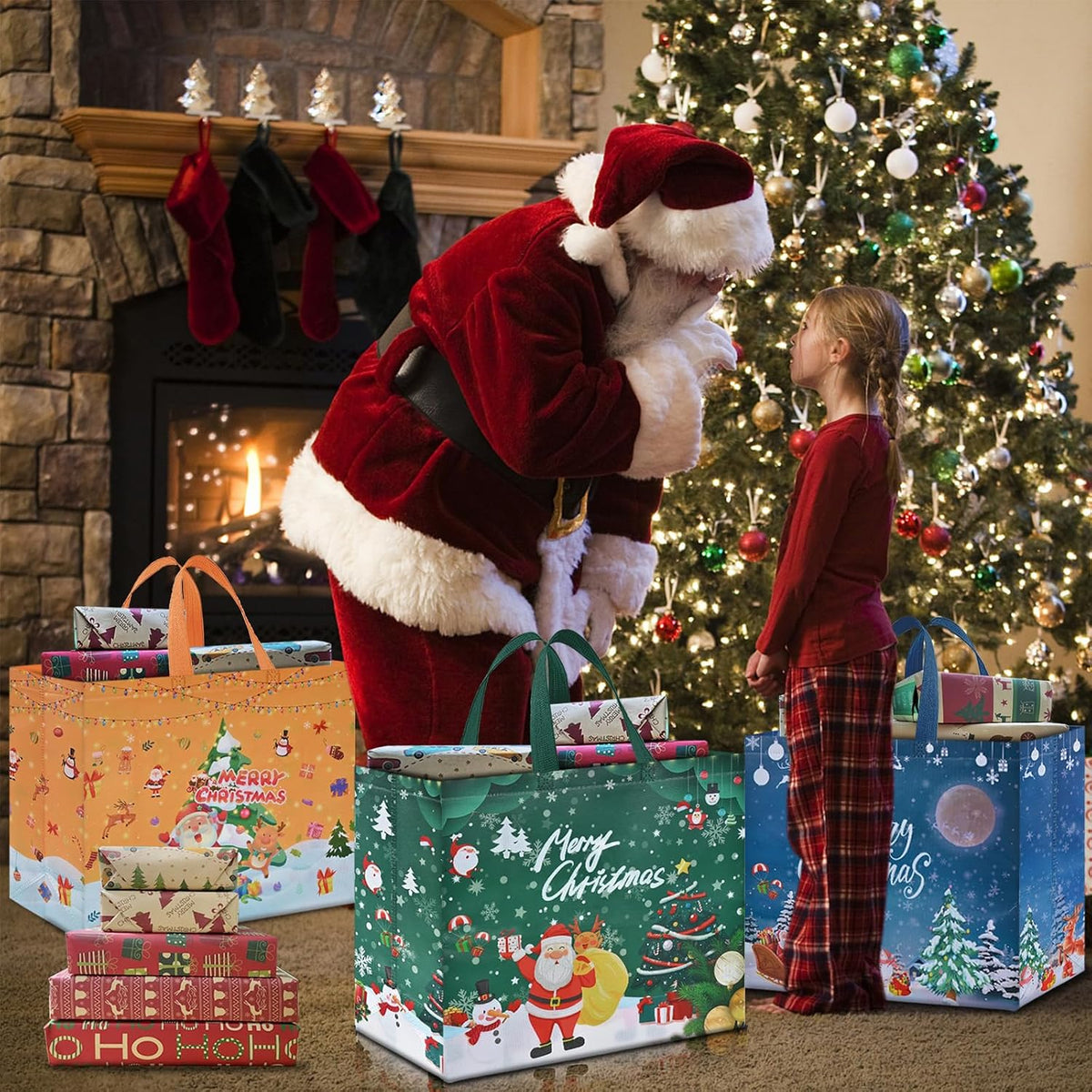 12PCS Extra Large Christmas Gift Bags, 15.7'' X 14.2''X 5.9'', Christmas Tote Bags with Handles, Reusable Non-Woven Shopping Bag for Xmas'S Party Supplies New Year Decorations