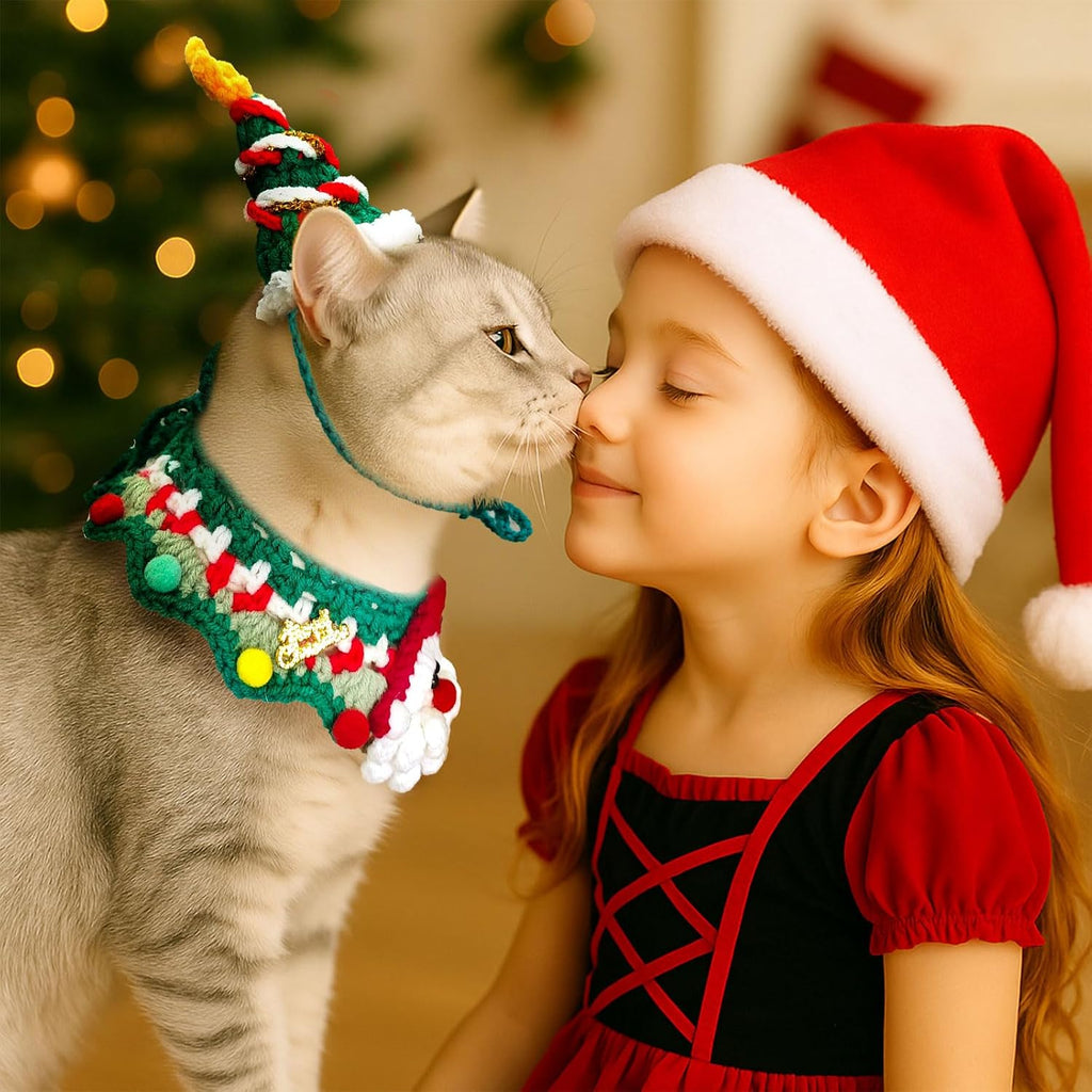 Pet Dog Christmas Costume for Small Dogs Cats, Funny Knitted Santa Dog Hat and Neck Accessory Set, Soft Cute Kitten Puppy Chihuahua Yorkie Costumes for Christmas Cat Outfits
