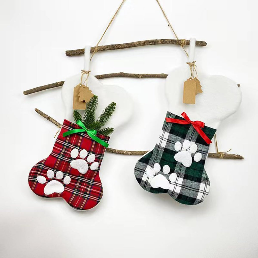 Cat Bone Christmas Stockings, Plush & Plaid Hanging Socks for Holiday and Christmas Decorations
