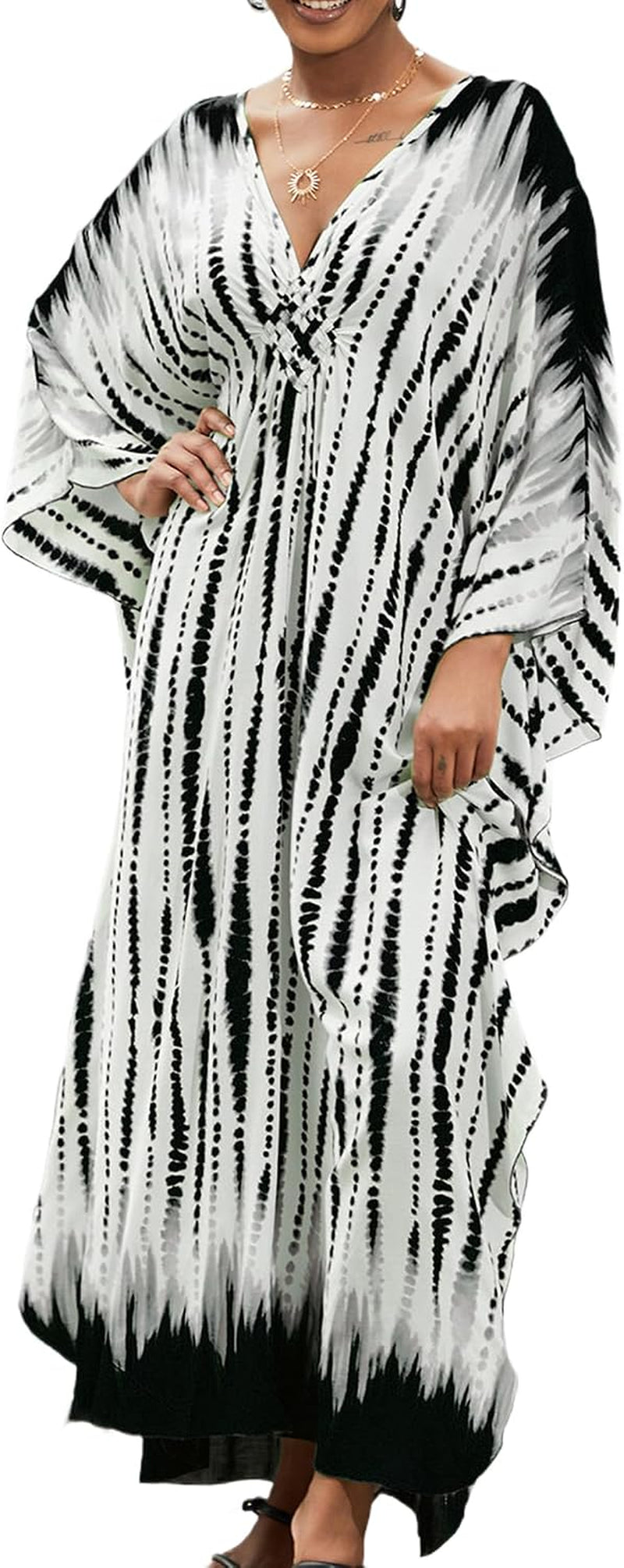 Kaftan Dresses plus Size V-Neck Women'S Swimwear Cover Ups Tie Dye Batwing Sleeves Mumu Caftan Dress