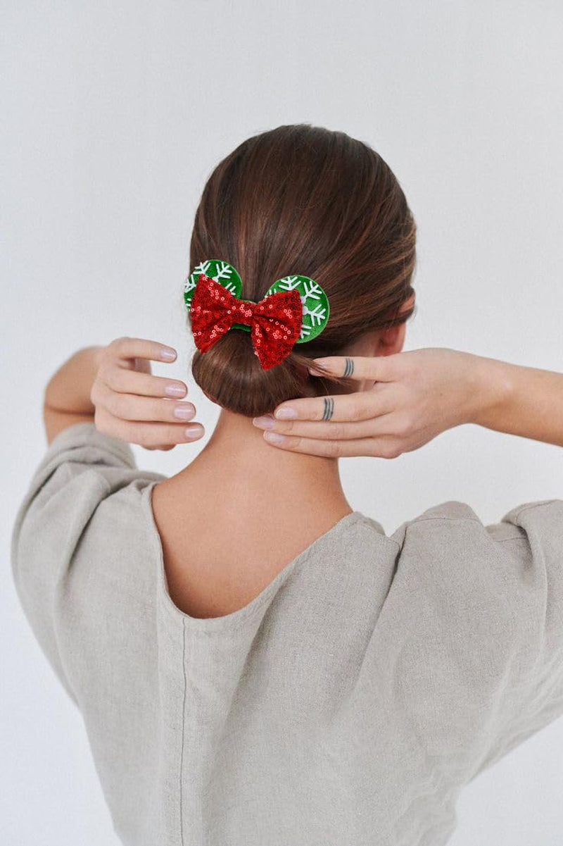 Red Christmas Scrunchies with Bow and Sequins, Velvet Mouse Ear Hair Ties for Women and Girls, Festive Holiday Ponytail Accessories and Party Favors