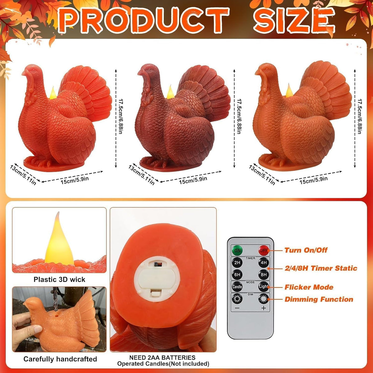Set of 3 Turkey Flameless LED Candles Remote Thanksgiving Decor