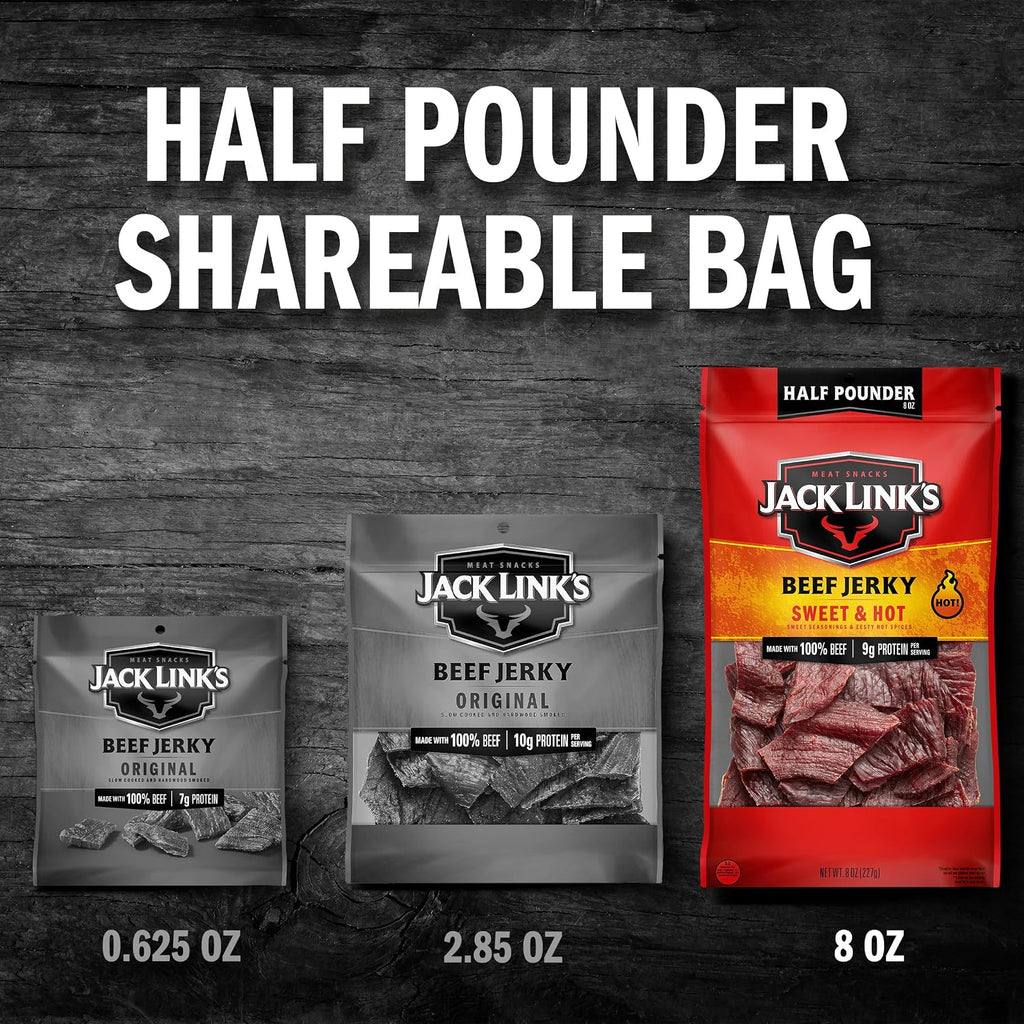 Beef Jerky Half Pounder - Sweet & Hot - 100% Real Beef - Ready to Eat Real Meat Protein Snacks - 9G Protein per Serving - 8 Oz Large Jerky Bag (Pack of 2)