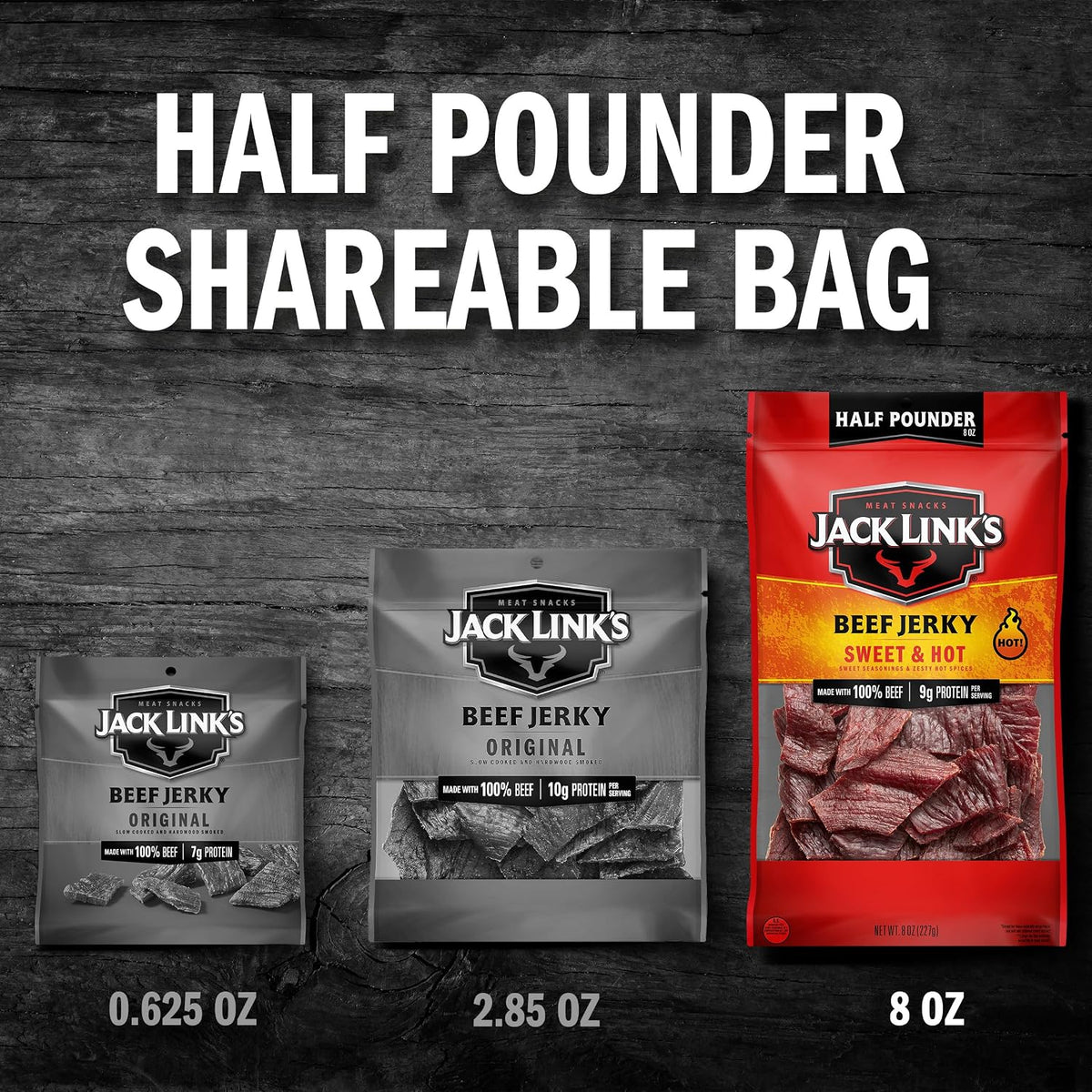 Beef Jerky Half Pounder - Sweet & Hot - 100% Real Beef - Ready to Eat Real Meat Protein Snacks - 9G Protein per Serving - 8 Oz Large Jerky Bag (Pack of 2)