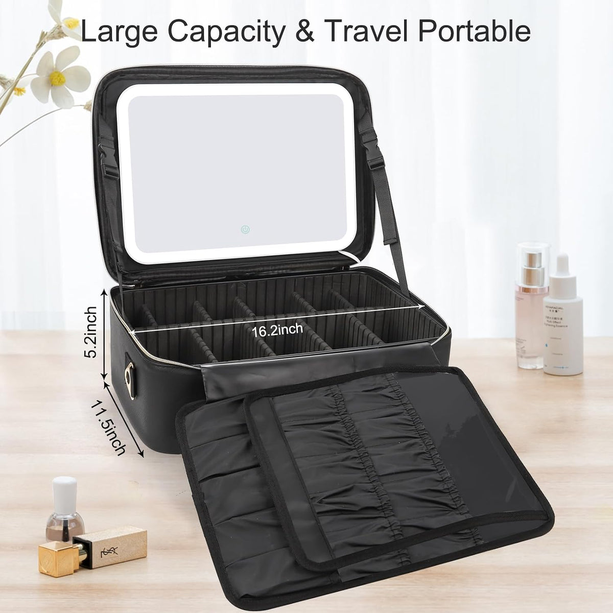 Large Makeup Bag with LED Mirror, Make up Case with Shoulder Strap