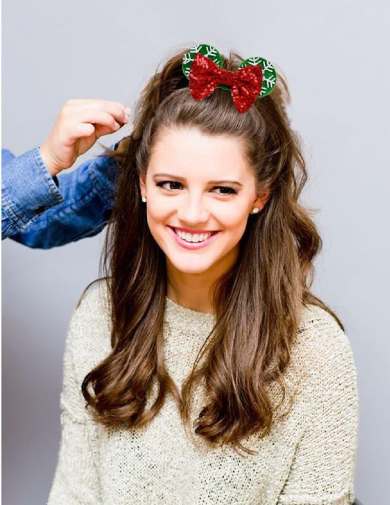 Red Christmas Scrunchies with Bow and Sequins, Velvet Mouse Ear Hair Ties for Women and Girls, Festive Holiday Ponytail Accessories and Party Favors