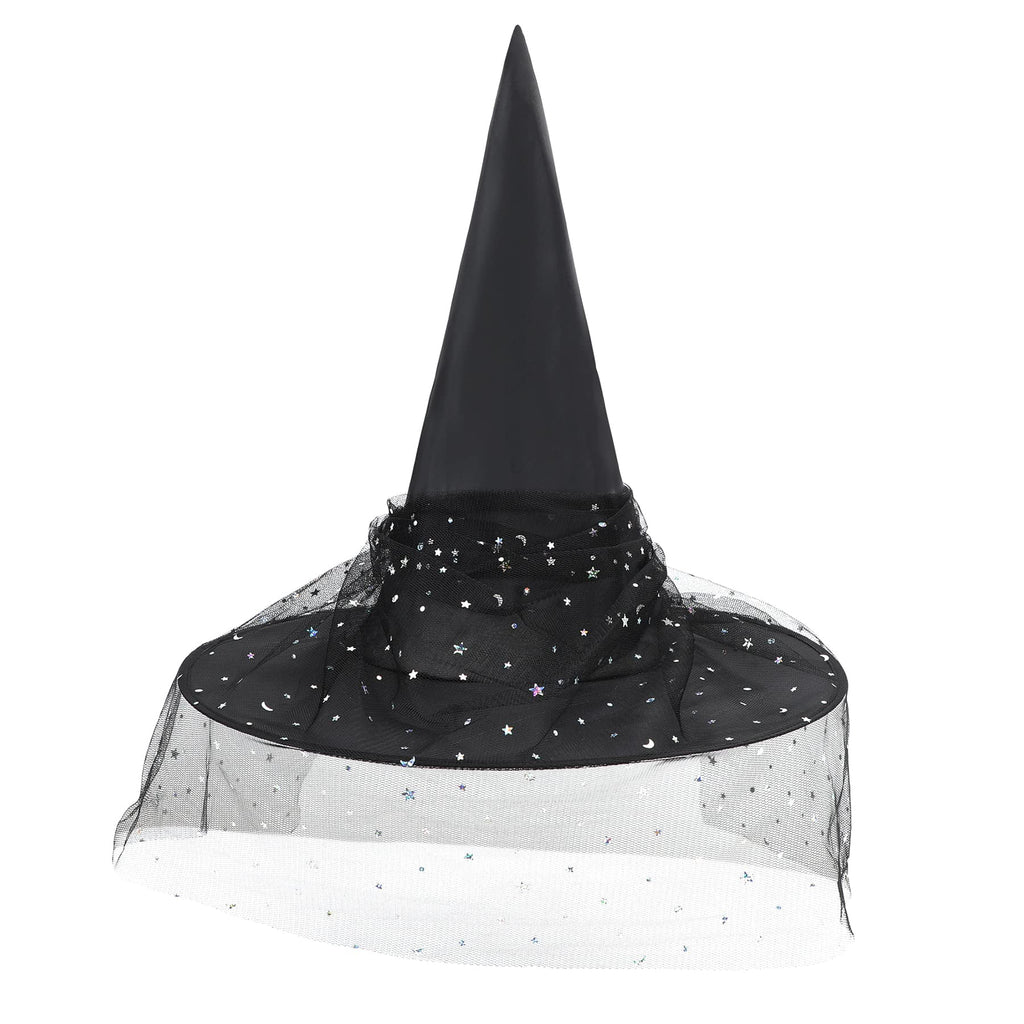 Adults Gothic Witch Hat with Veil and Lace, Foldable Wide Brim Pointed Wizard Hat