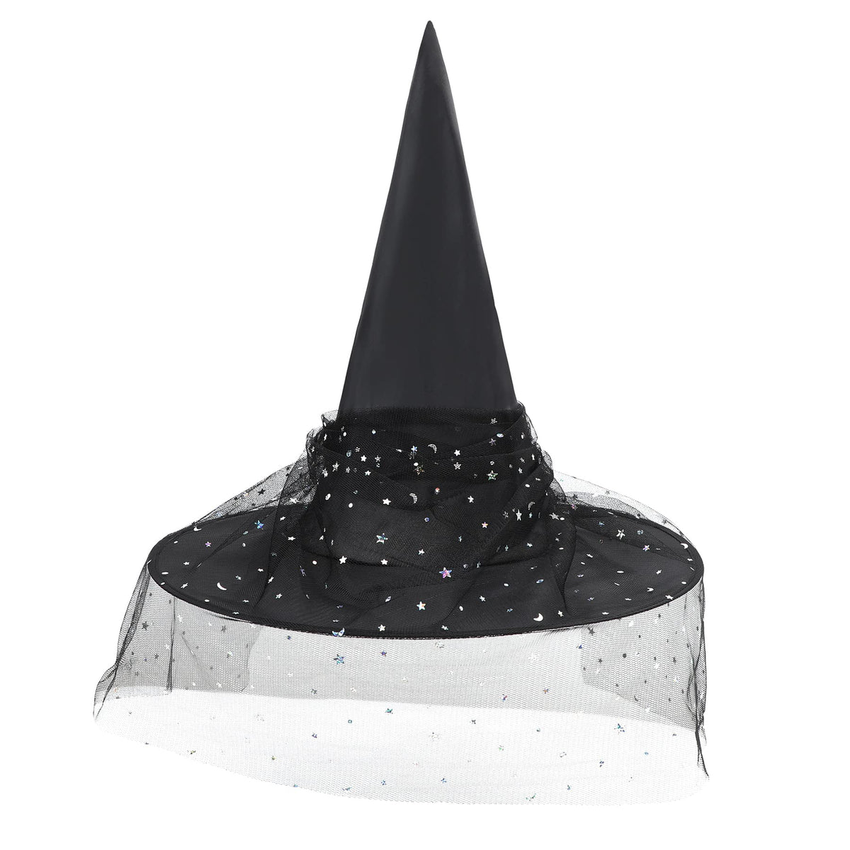Adults Gothic Witch Hat with Veil and Lace, Foldable Wide Brim Pointed Wizard Hat
