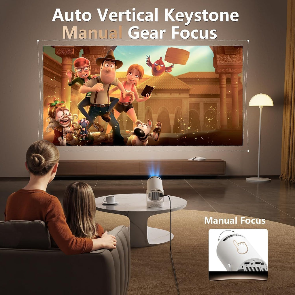 Smart Mini Projector with Wifi 6 and Bluetooth 5.0, Support 4K 1080P, Built-In Apps & 180° Rotation, Auto Vertical Keystone, Portable Movie Projector for Bedroom Home Outdoor, Ivory
