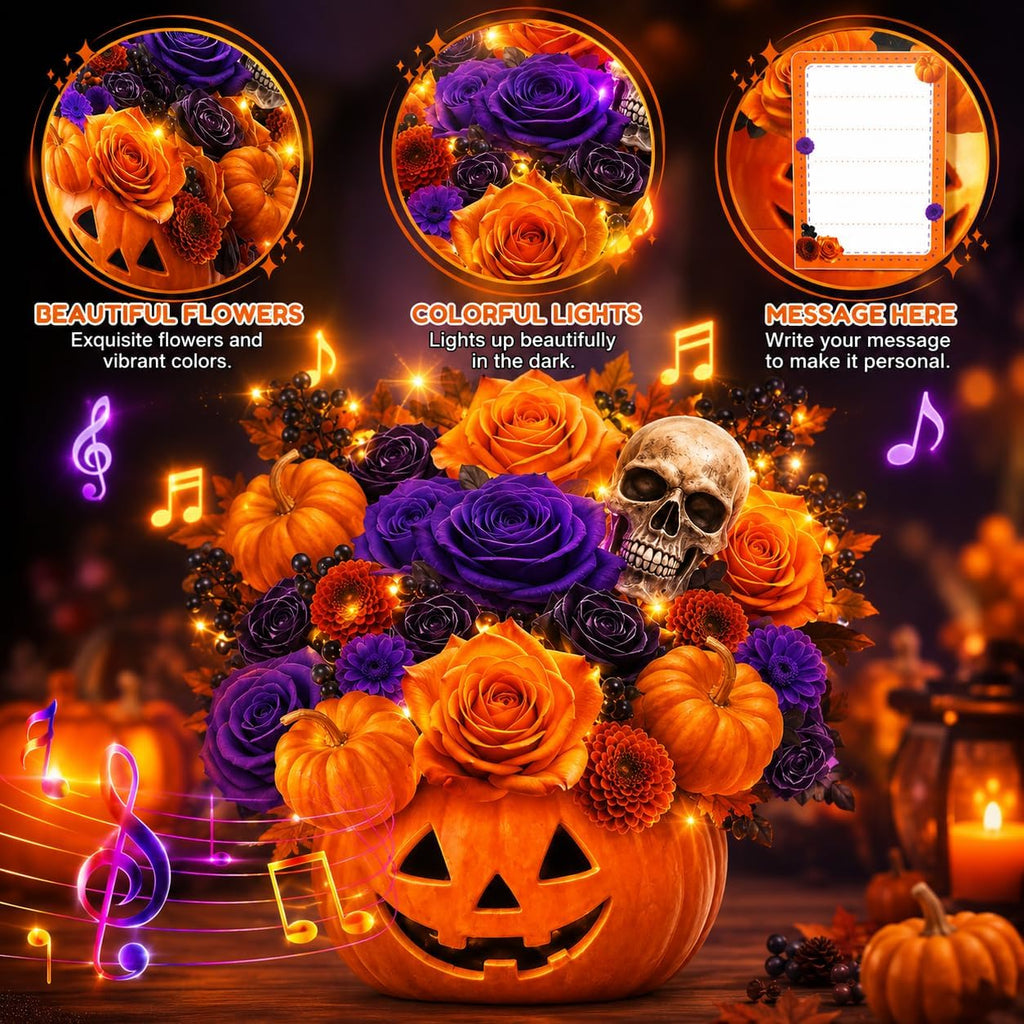 Halloween Bouquet Card with Music and Lights, Halloween Card with Skeleton, Halloween Gifts for Men, Women, Spooky Musical Greeting Card
