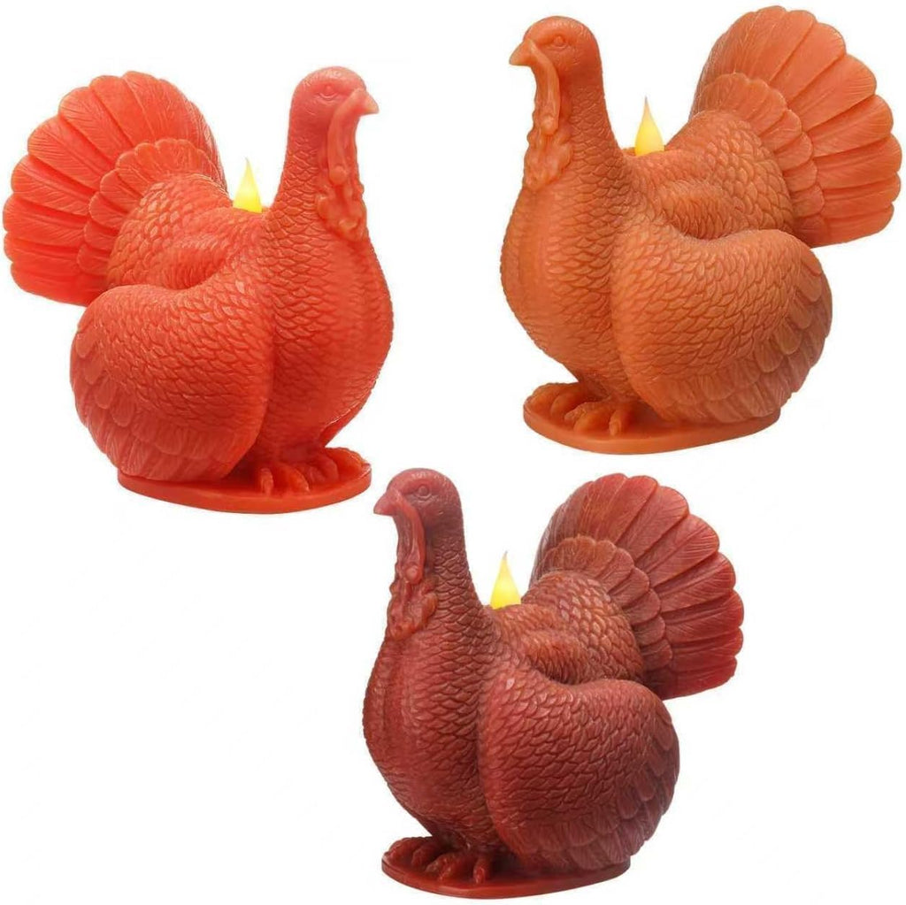 Set of 3 Turkey Flameless LED Candles Remote Thanksgiving Decor