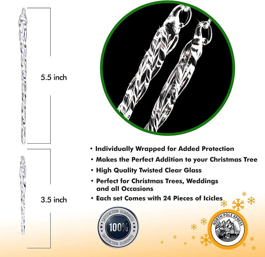 Twisted Clear Glass Icicle Christmas Ornaments for Christmas Trees - Set of 24 Icicles Christmas Tree Decorations - Christmas Tree Ornaments Crystal