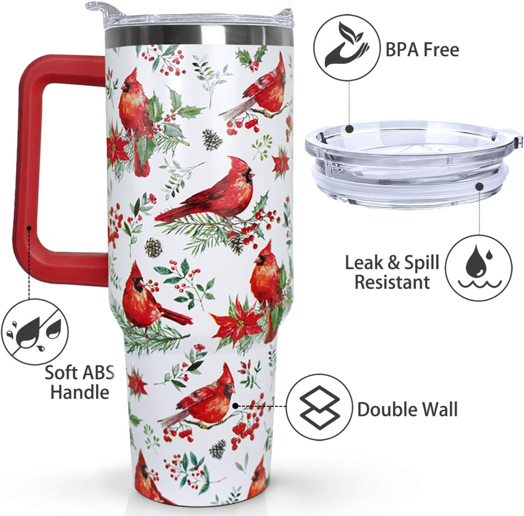 40 Oz Red Cardinal Tumbler with Handle,Christmas Coffee Travel Mug Cup, Red Cardinal Decor, Christmas Gifts for Women
