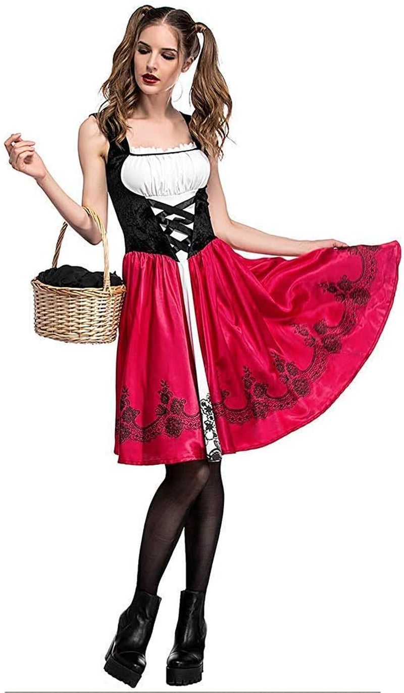 Women Little Red Riding Hood Costume Christmas Halloween Party Dress with Cape