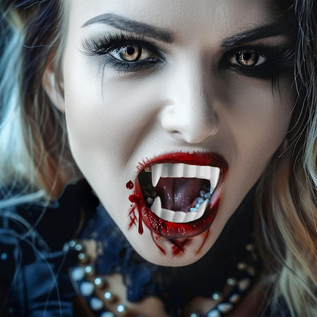 Halloween Vampire Makeup Kit with White Face & Body Paint, Fake Blood, Black and Red Face Paint Crayon and Fake Teeth SFX Makeup Set for Zombie Wounds Clown Cosplay Special Effects Makeup