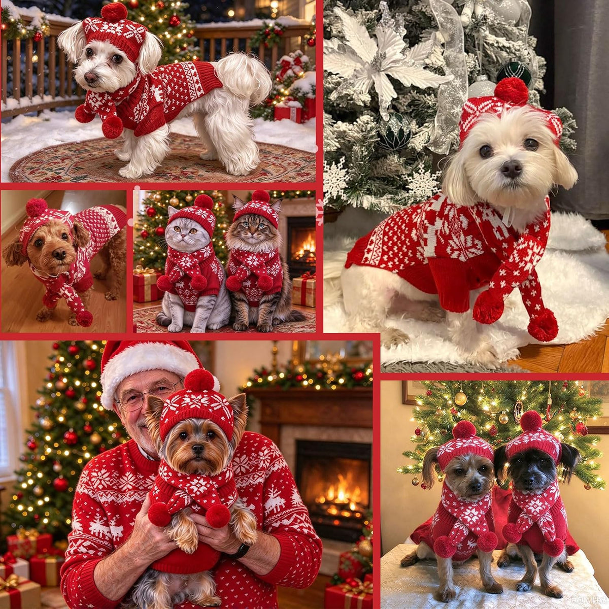 Small Dog Christmas Outfits 3 PCS Set Puppy Xmas Sweater Hat Scarf,S