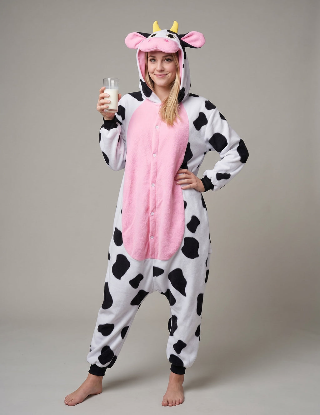 Adult Unisex Cow Costume,Plush Hooded Animal Jumpsuit Pajama for Halloween Party Cosplay and Themed Dress Up