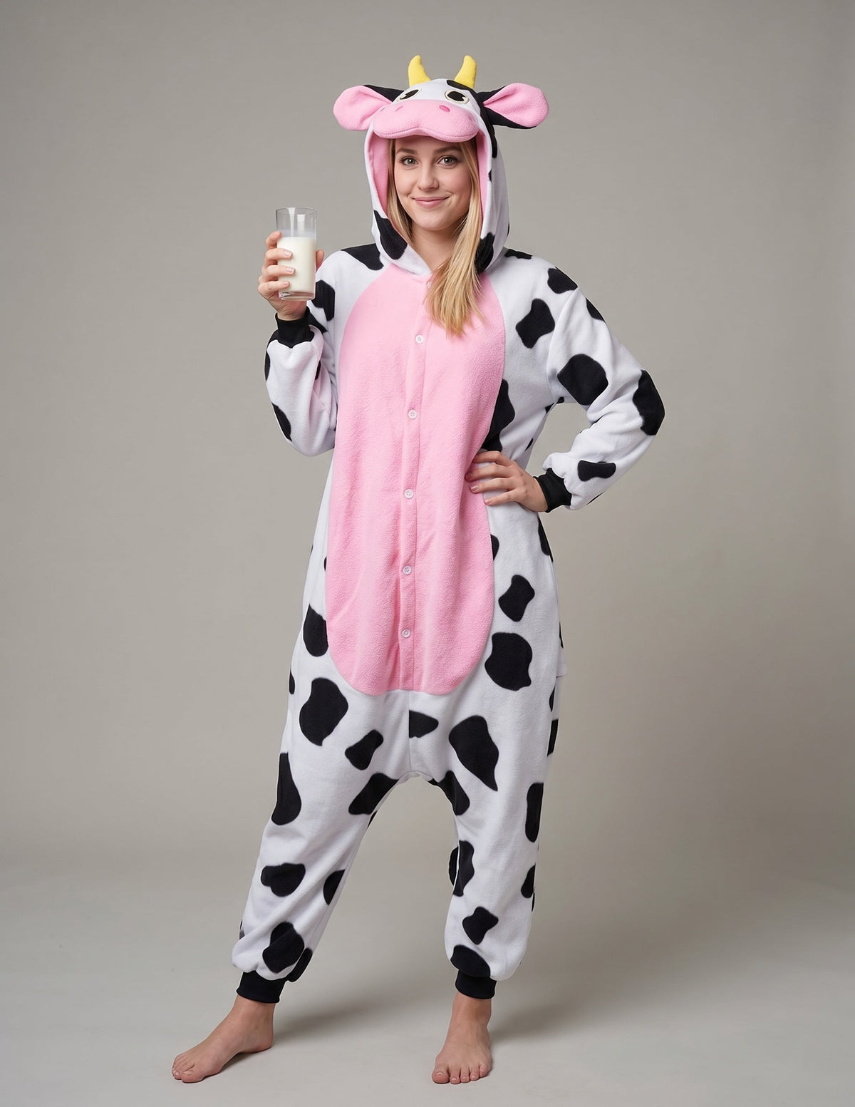 Adult Unisex Cow Costume,Plush Hooded Animal Jumpsuit Pajama for Halloween Party Cosplay and Themed Dress Up