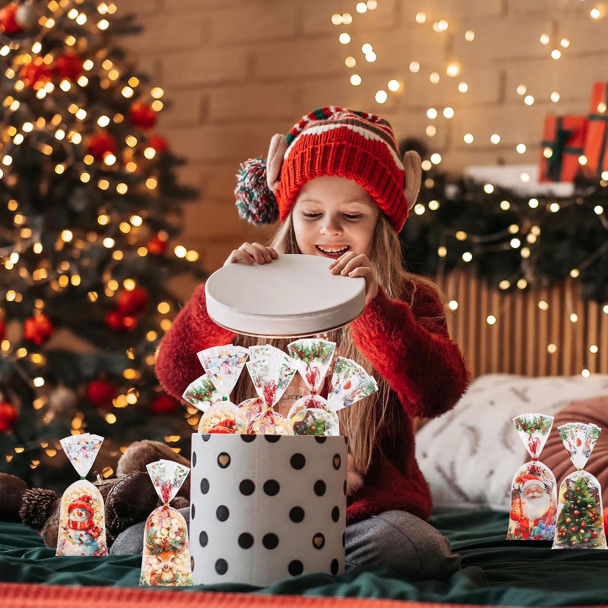 200PCS Christmas Cellophane Treat Bags, Xmas Clear Cello Gift Bags Candy Goodies Bags with Twsit for Christmas Holiday Party Favors