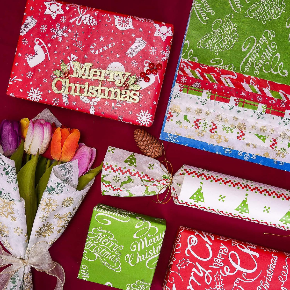 Christmas Tissue Paper, 100 Sheets Glossy Tissue Paper for Gift Bags and Wrapping, Colorful Gift Wraps for Christmas, Holiday, Xmas, New Year, Birthday, Crafts, Art Packaging,19.7X13.8
