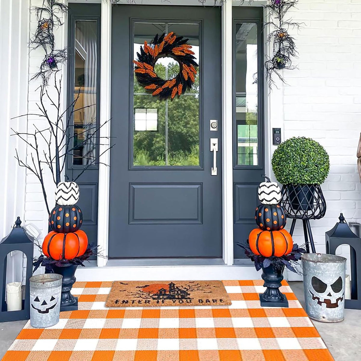 Buffalo Plaid Outdoor Rugs, 3'X5' Orange and White Checkered Indoor/Outdoor Area Rug, Layering Rug for Hello/Welcome Door Mat, Washable Cotton Woven Farmhouse Mat for Fall Front Porch Décor