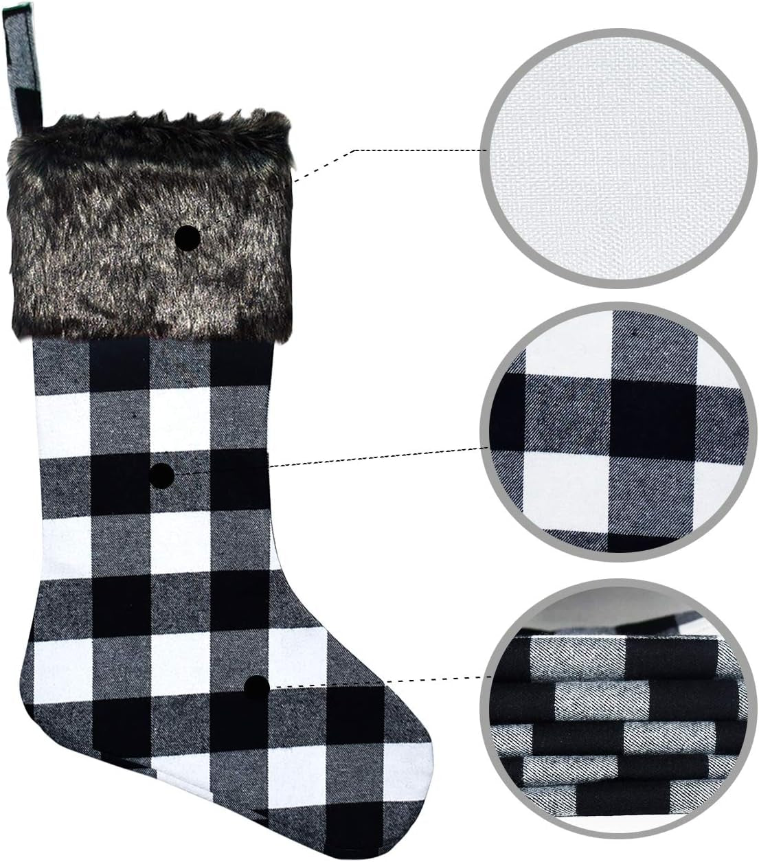 Christmas Stockings- 4 Pack 18" Black White Buffalo Plaid Christmas Stockings with Plush Faux Fur Cuff, Classic Large Christmas Stockings Decorations for Family Christmas Holiday Party Decor