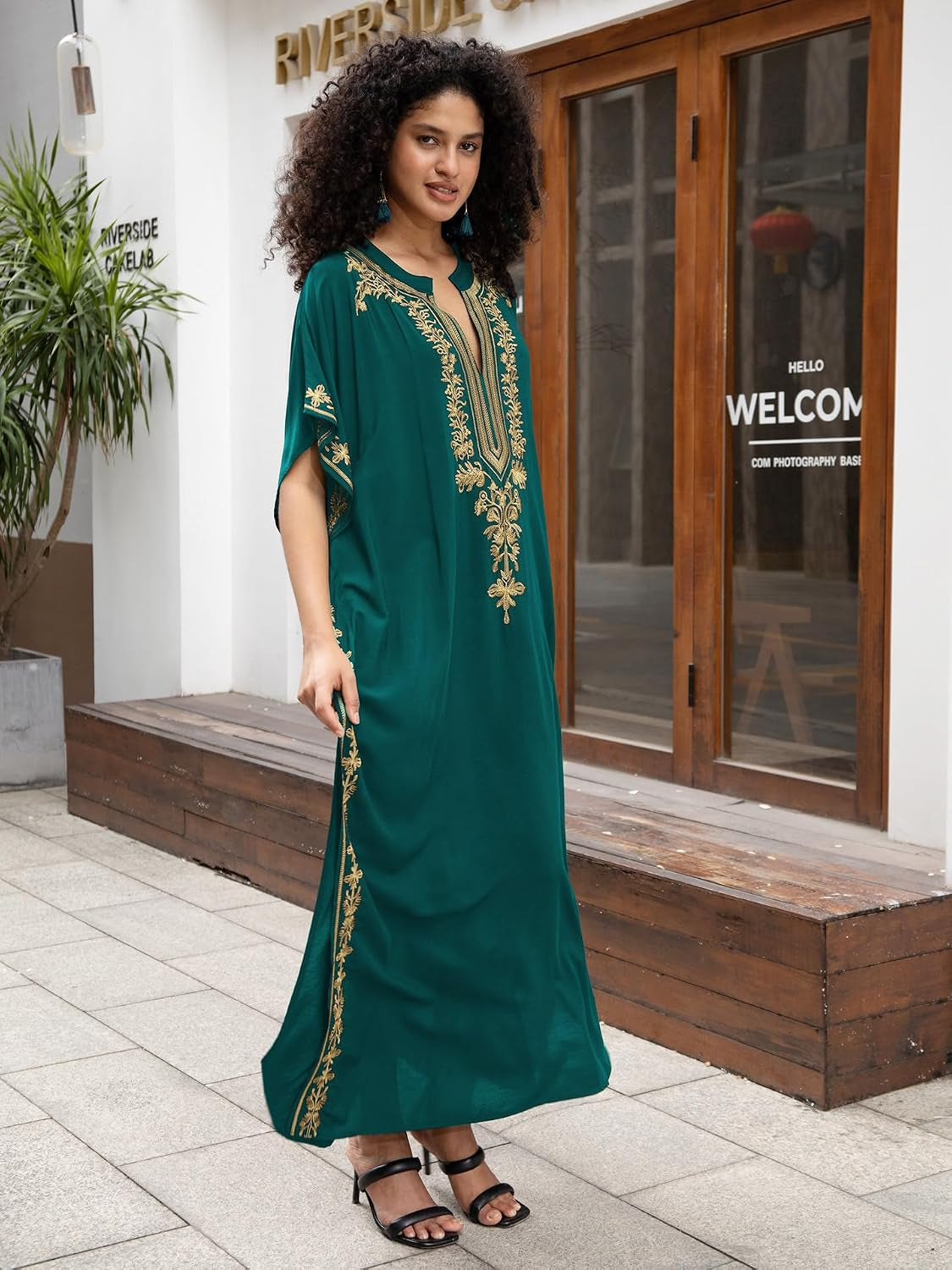 Kaftan Dresses for Women Embroidered Short Sleeve V-Neck plus Size Caftan Bikini Swimsuit Cover-Up Long Beach Dress
