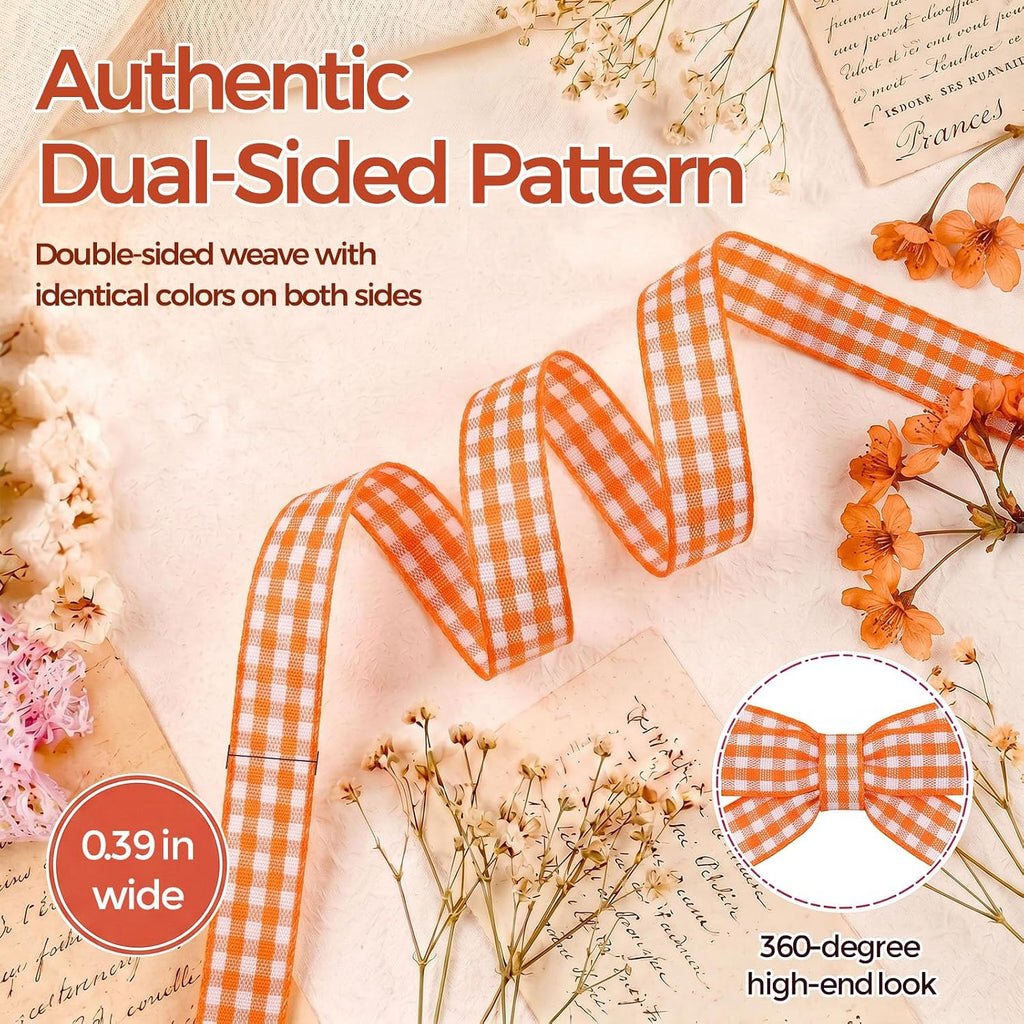 Orange Gingham Ribbon, 3/8X50 Yd Orange and White Ribbon