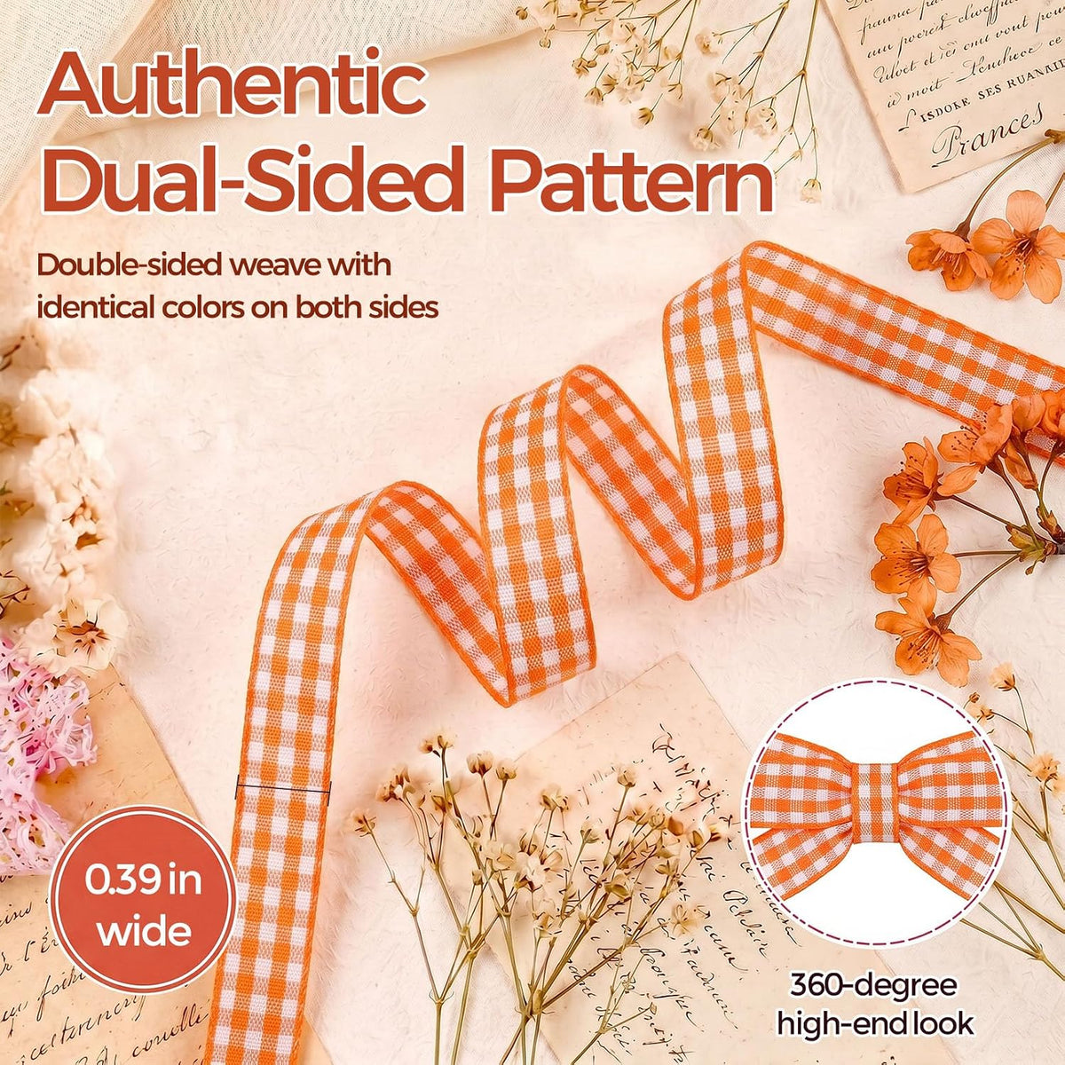 Orange Gingham Ribbon, 3/8X50 Yd Orange and White Ribbon