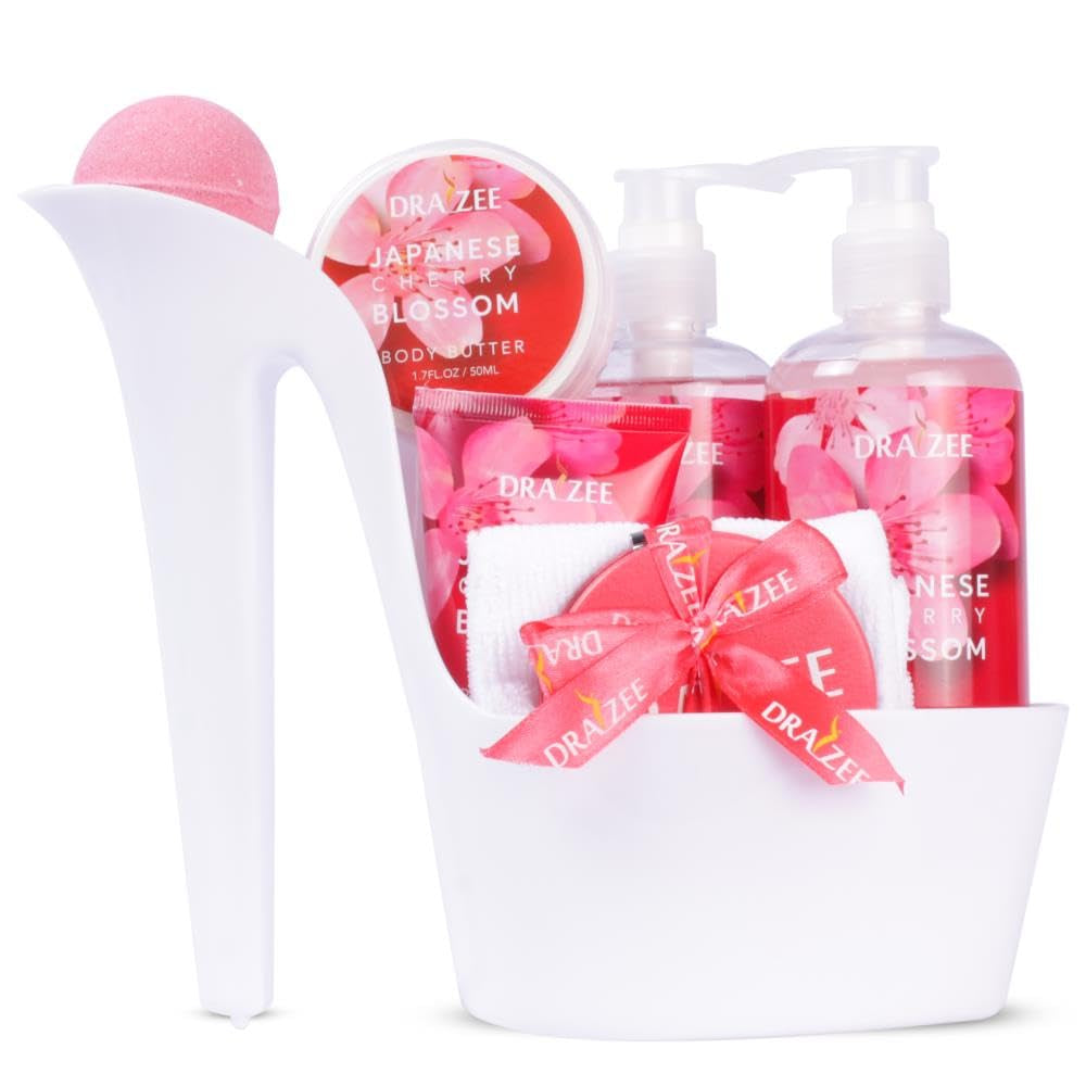 Heel Shoe Spa Gift Basket for Women, 8 Pc Cherry Blossom Scented