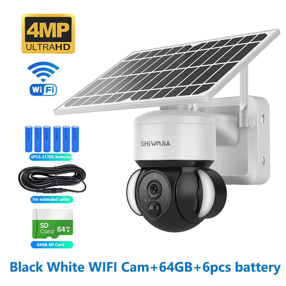 SHIWOJIA 4MP WIFI Solar Camera 4G Sim Card PIR Human Detection Solar Battery Security Camera CCTV Video Surveillance Outdoor Cam