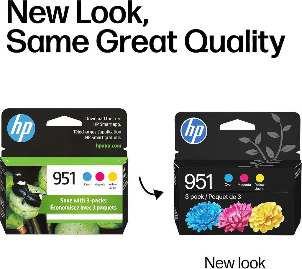 HP 951 Cyan, Magenta, Yellow Ink Cartridges (3 Pack) | Works with Officejet 8600, Officejet Pro 251Dw, 276Dw, 8100, 8610, 8620, 8630 | Eligible for Instant Ink | CR314FN