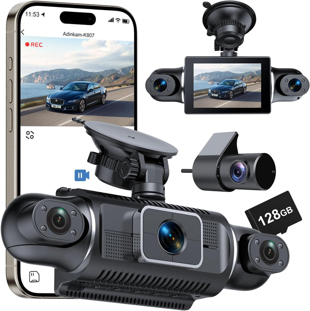4 Channel Full HD Dash Cam, 2K Front + 1080P Side/Rear Cameras, 128GB Card