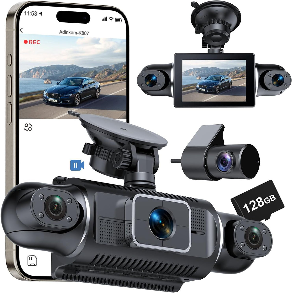 4 Channel Full HD Dash Cam, 2K Front + 1080P Side/Rear Cameras, 128GB Card