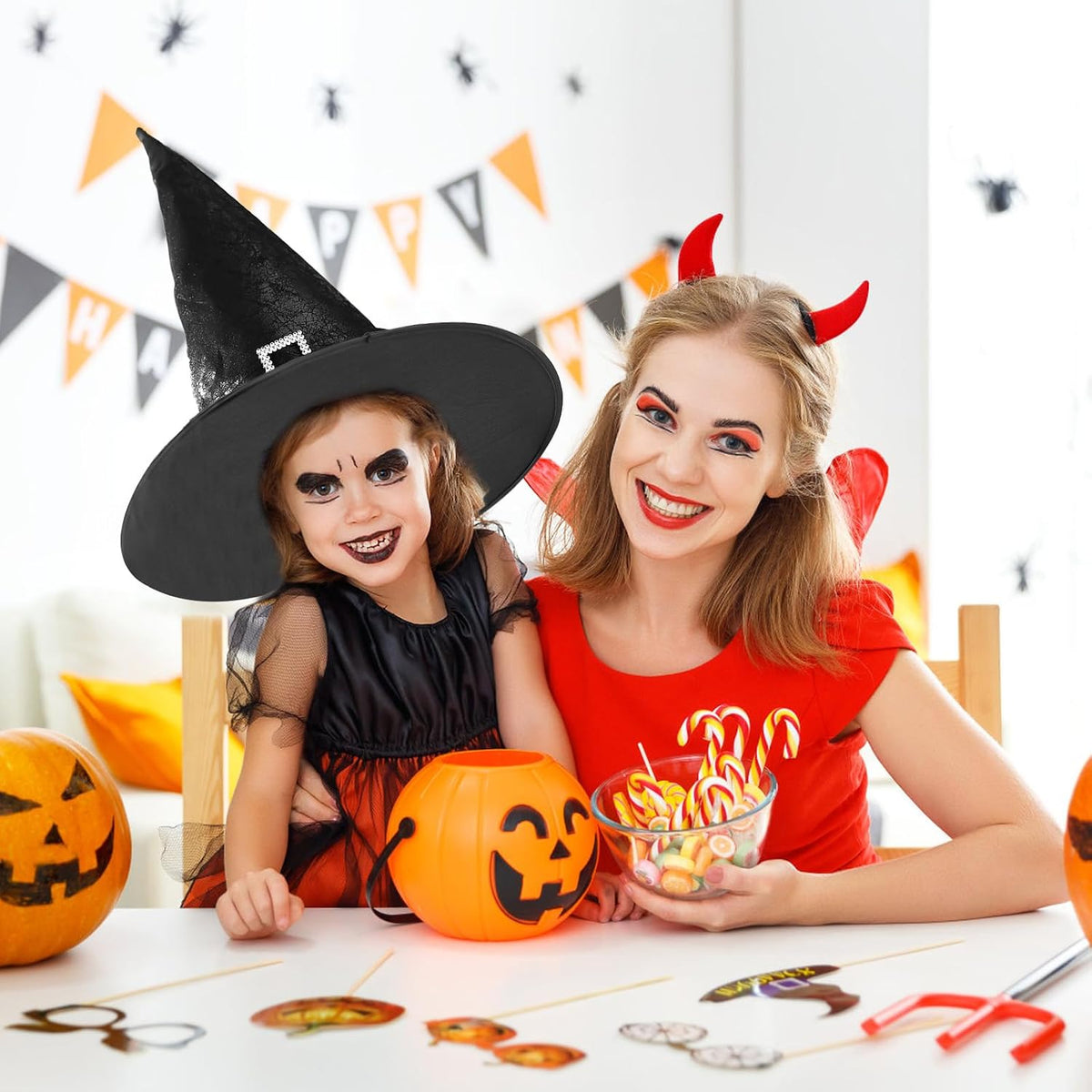 JXITON Halloween Witch Hat Black Costume Witches Hats with Buckle Faux Leather Witch Hat for Women Men Witch Wizard Costume Cosplay Party Supply