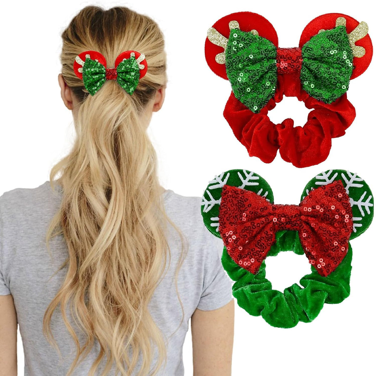 Red Christmas Scrunchies with Bow and Sequins, Velvet Mouse Ear Hair Ties for Women and Girls, Festive Holiday Ponytail Accessories and Party Favors