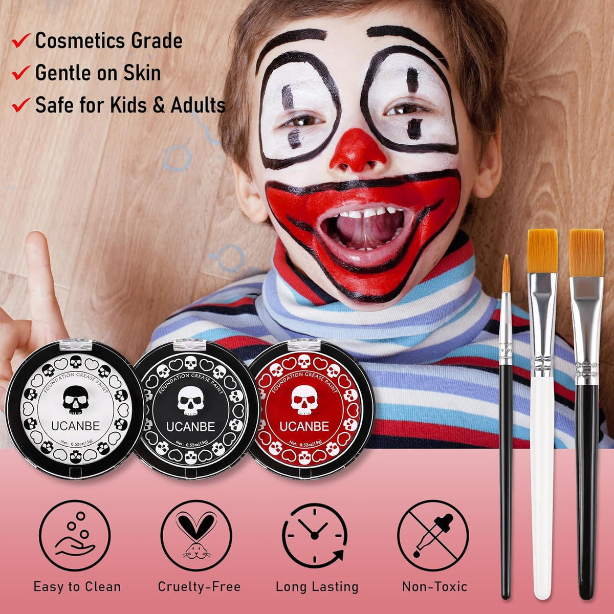 Goth White Foundation + Black Red Face Body Paint for Halloween Makeup, Face Painting Kit with Brushes Facepaint Set for Adults Clown Vampire Skull SFX Make up Costume Cosplay Party Theater Stage