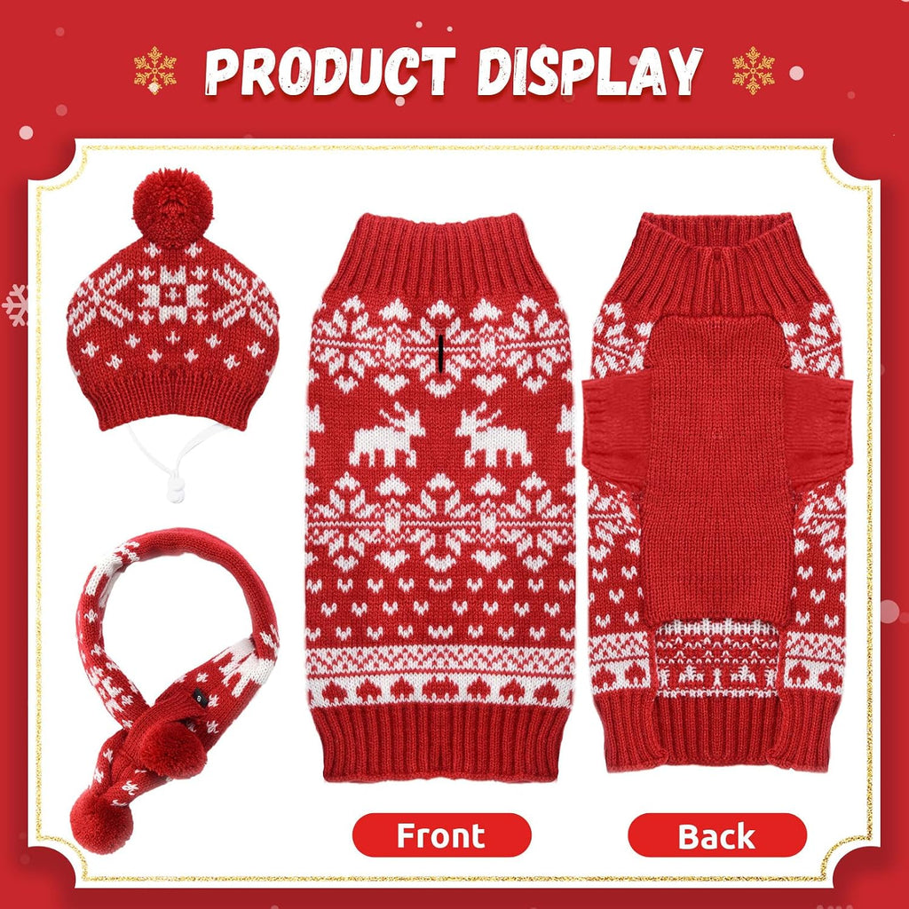 Small Dog Christmas Outfits 3 PCS Set Puppy Xmas Sweater Hat Scarf,S
