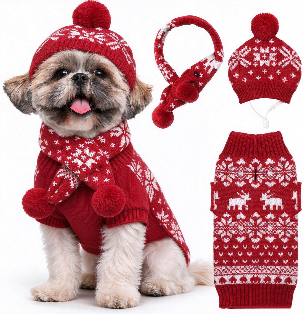 Small Dog Christmas Outfits 3 PCS Set Puppy Xmas Sweater Hat Scarf,S