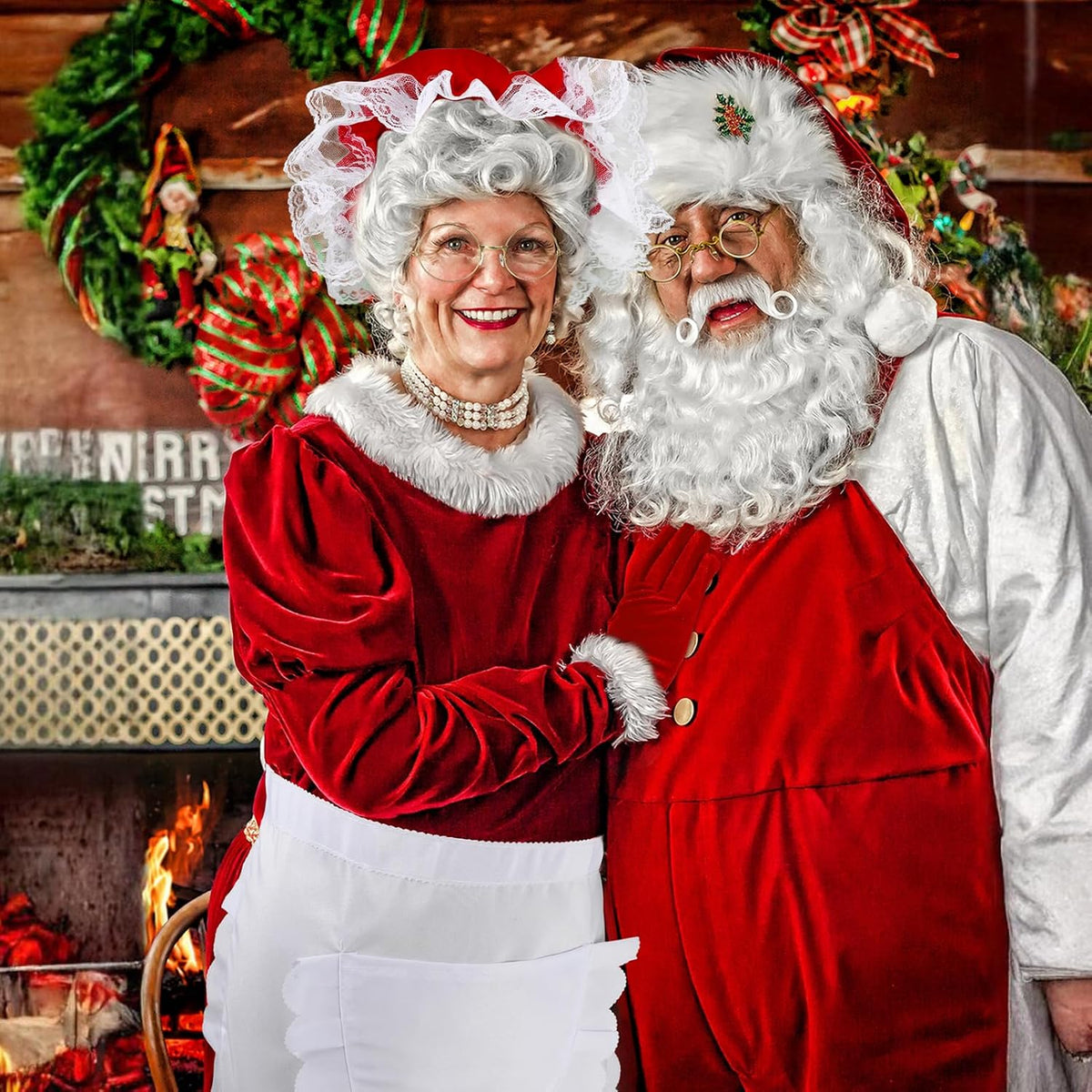 Mrs Claus Costume Adult Women, Christmas Santa Hat Xmas Hat, Red Gloves Santas Gloves, Christmas Apron Mrs Claus Apron, Santas Glasses for Outfit Santa Suit Xmas Costume Women 4Pcs
