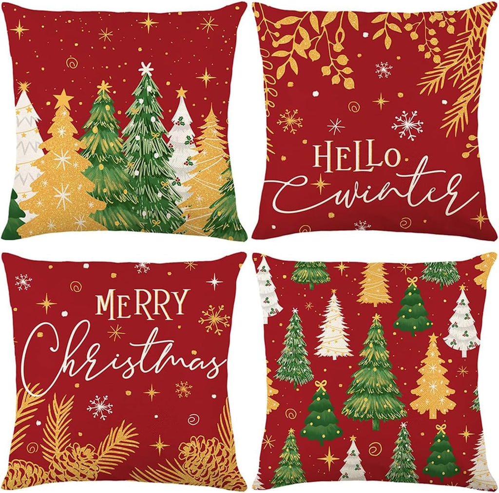 Christmas Decorations - Christmas Pillow Covers 18 X 18 Inches Set of 4,Xmas Tree Throw Pillow Cases Winter Holiday Decor for Sofa Living Room