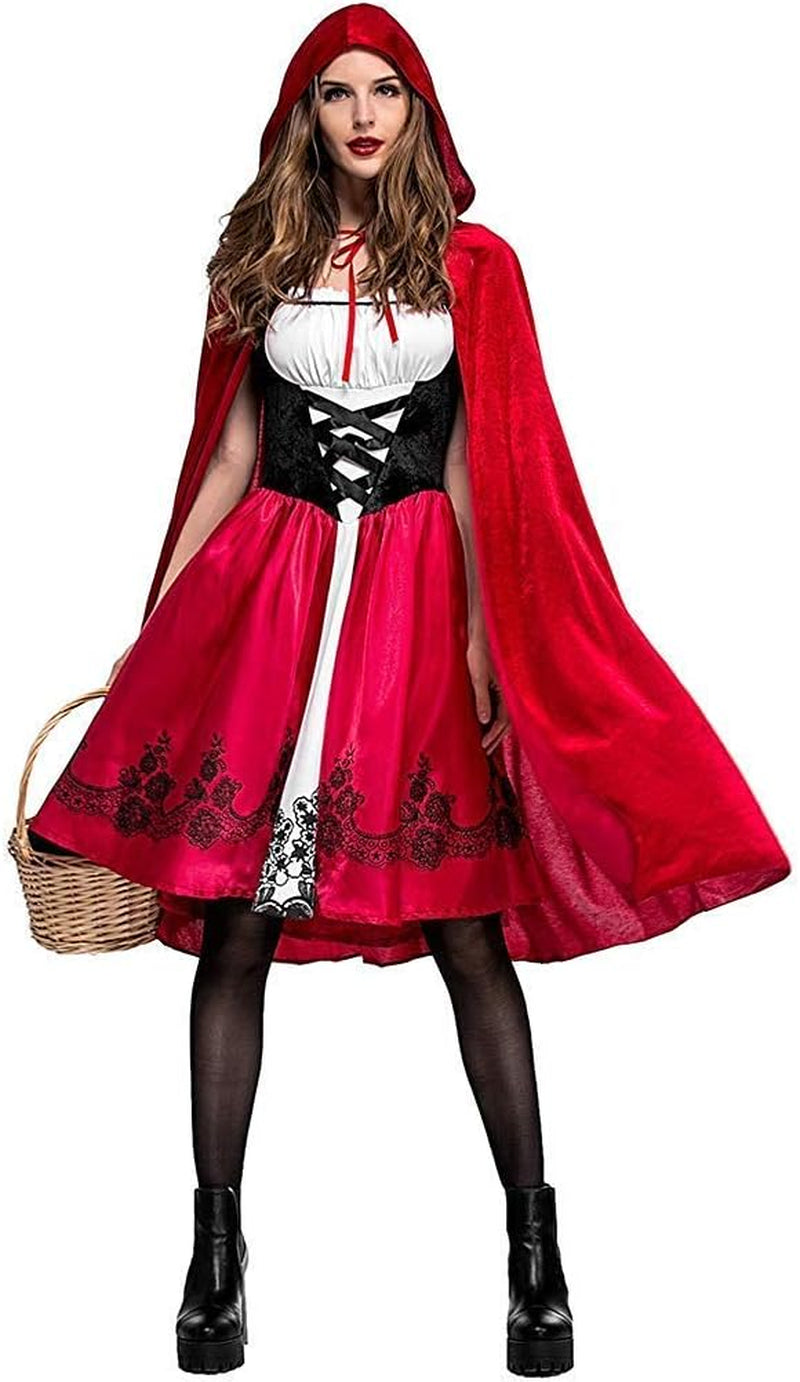 Women Little Red Riding Hood Costume Christmas Halloween Party Dress with Cape