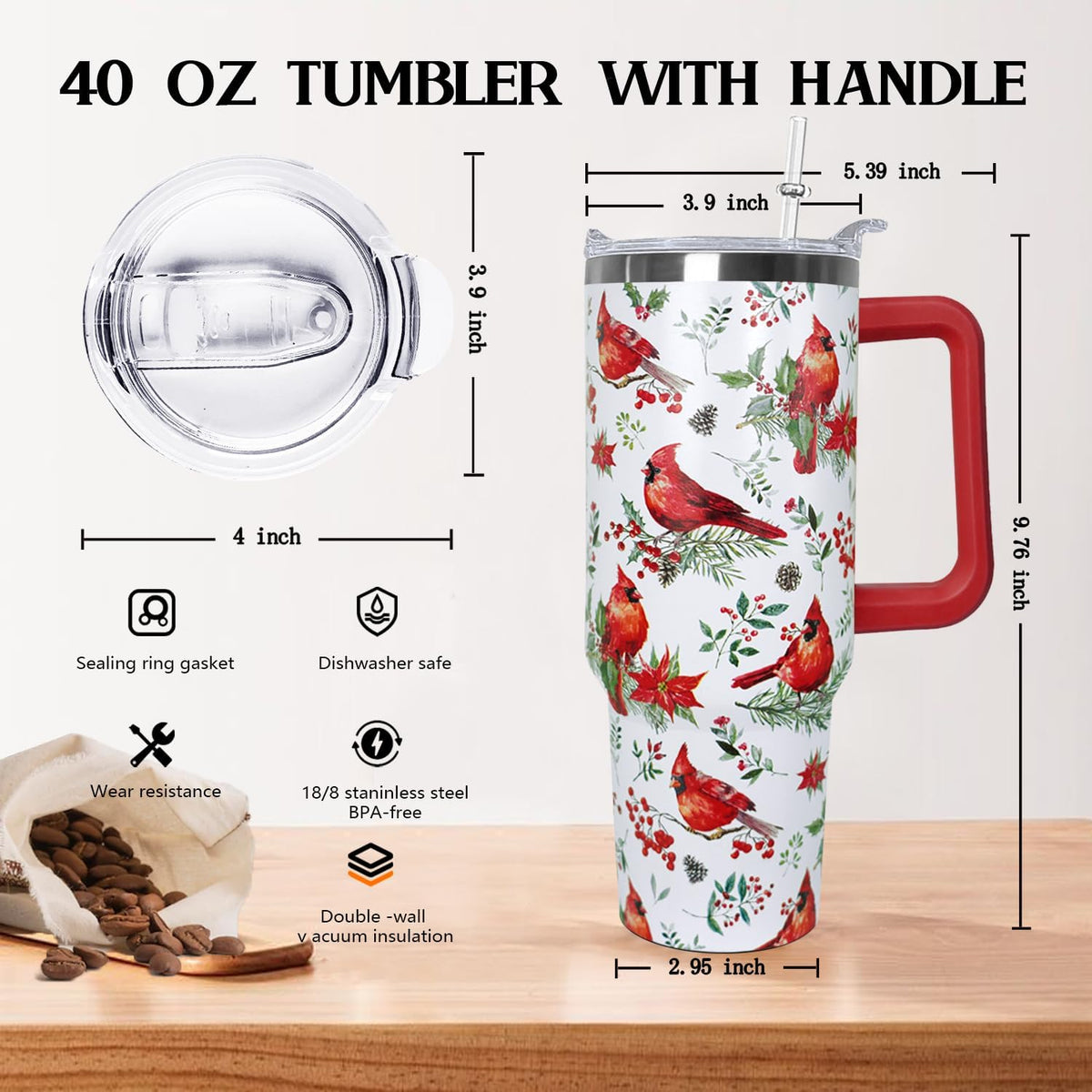 40 Oz Red Cardinal Tumbler with Handle,Christmas Coffee Travel Mug Cup, Red Cardinal Decor, Christmas Gifts for Women