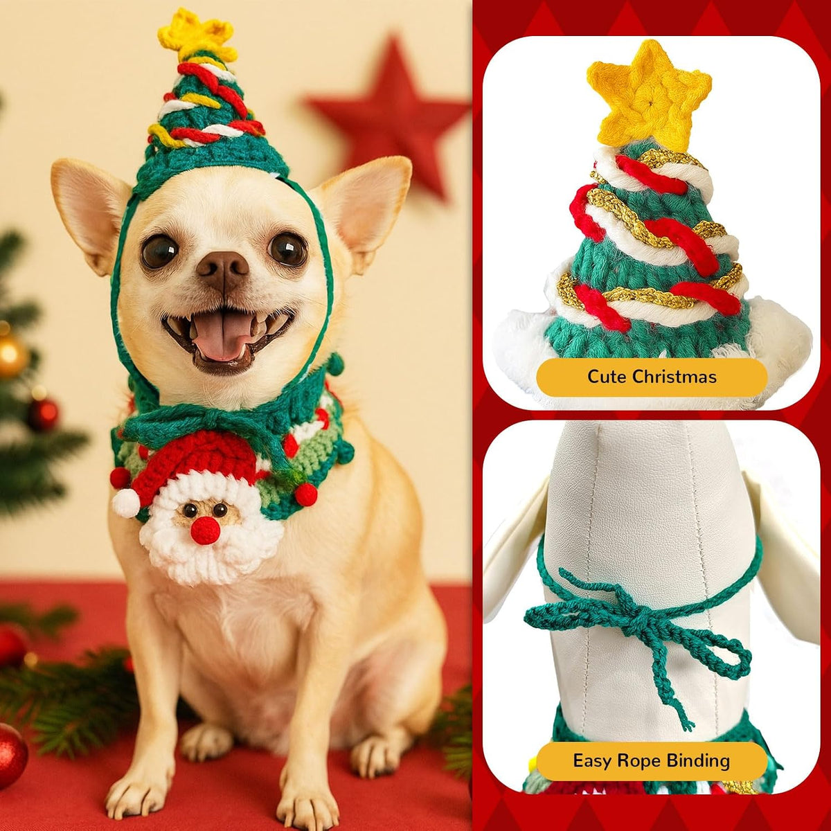 Pet Dog Christmas Costume for Small Dogs Cats, Funny Knitted Santa Dog Hat and Neck Accessory Set, Soft Cute Kitten Puppy Chihuahua Yorkie Costumes for Christmas Cat Outfits