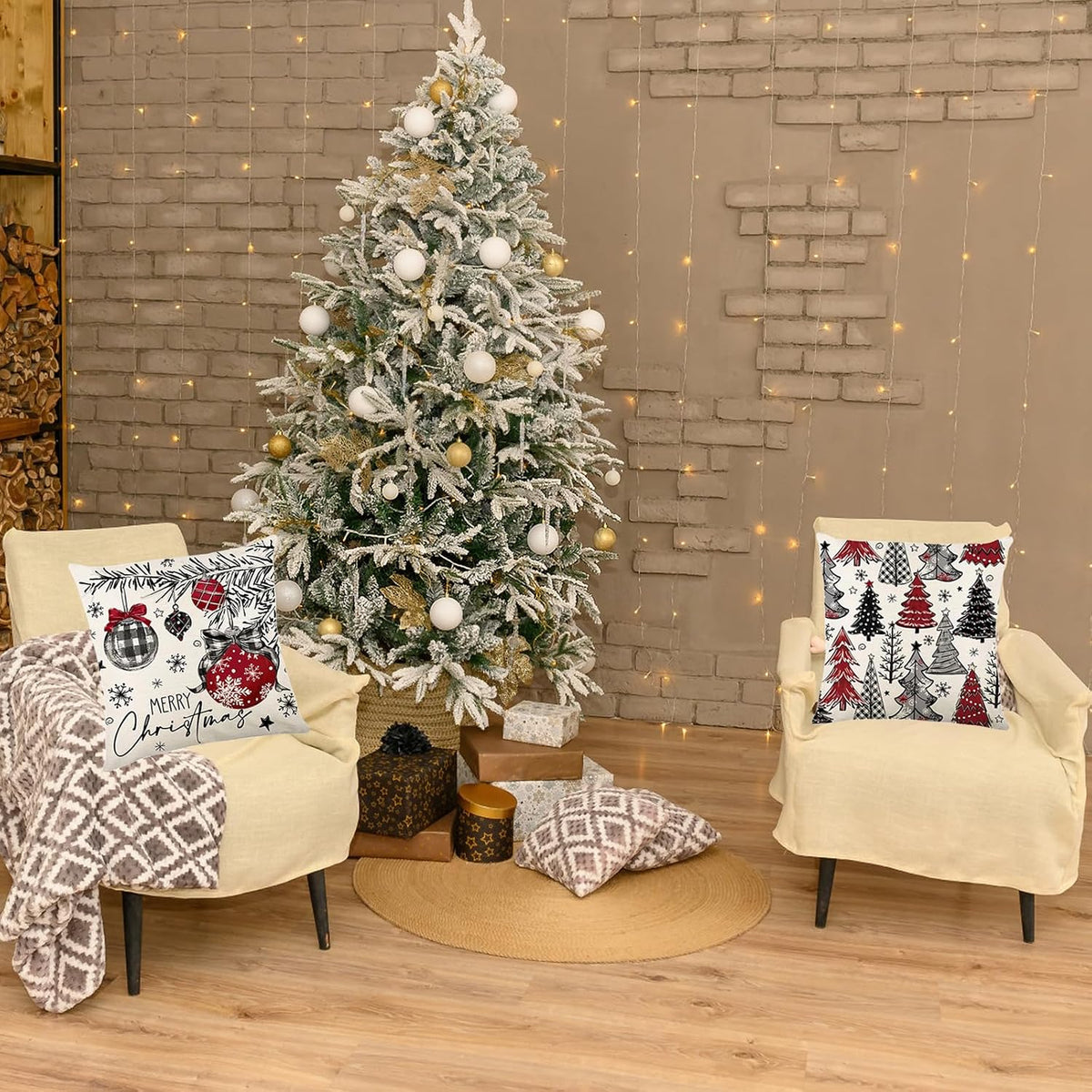 Christmas Decorations - Merry Christmas Trees Red Throw Pillow Covers 18X18 Set of 4,Winter Holiday Decor Throw Cushion Case for Home Couch
